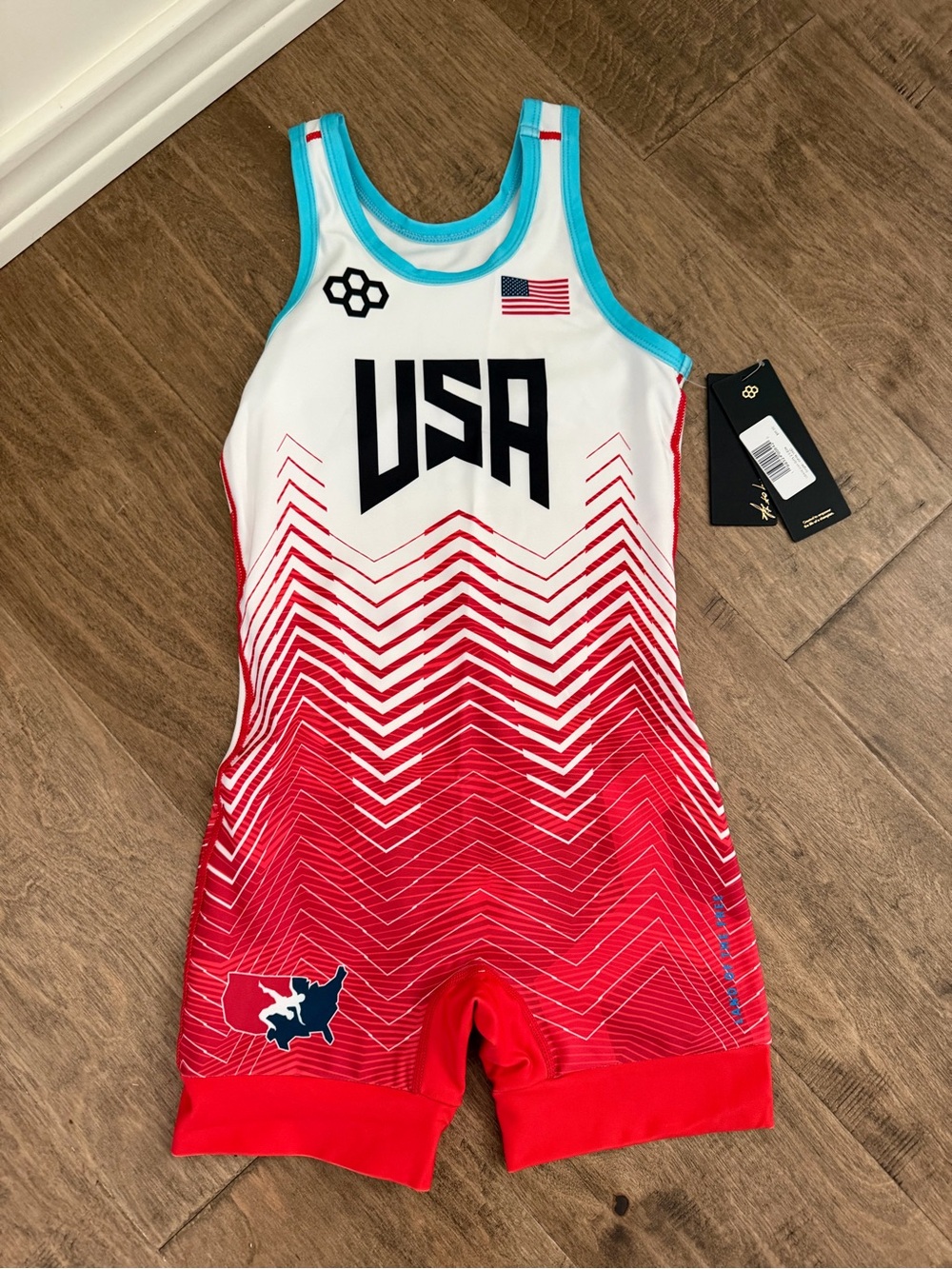 Girls’ Rudis USA Red White Singlet Wrestling, Light Blue Trim, NWT, Medium